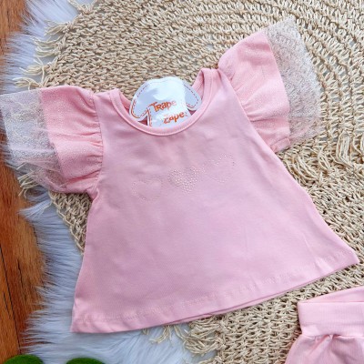 Conj. Blusa Corações com Manga em Tule e Short - Rose 